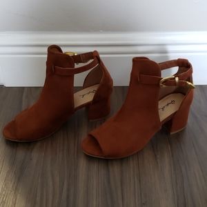Brown open toe booties